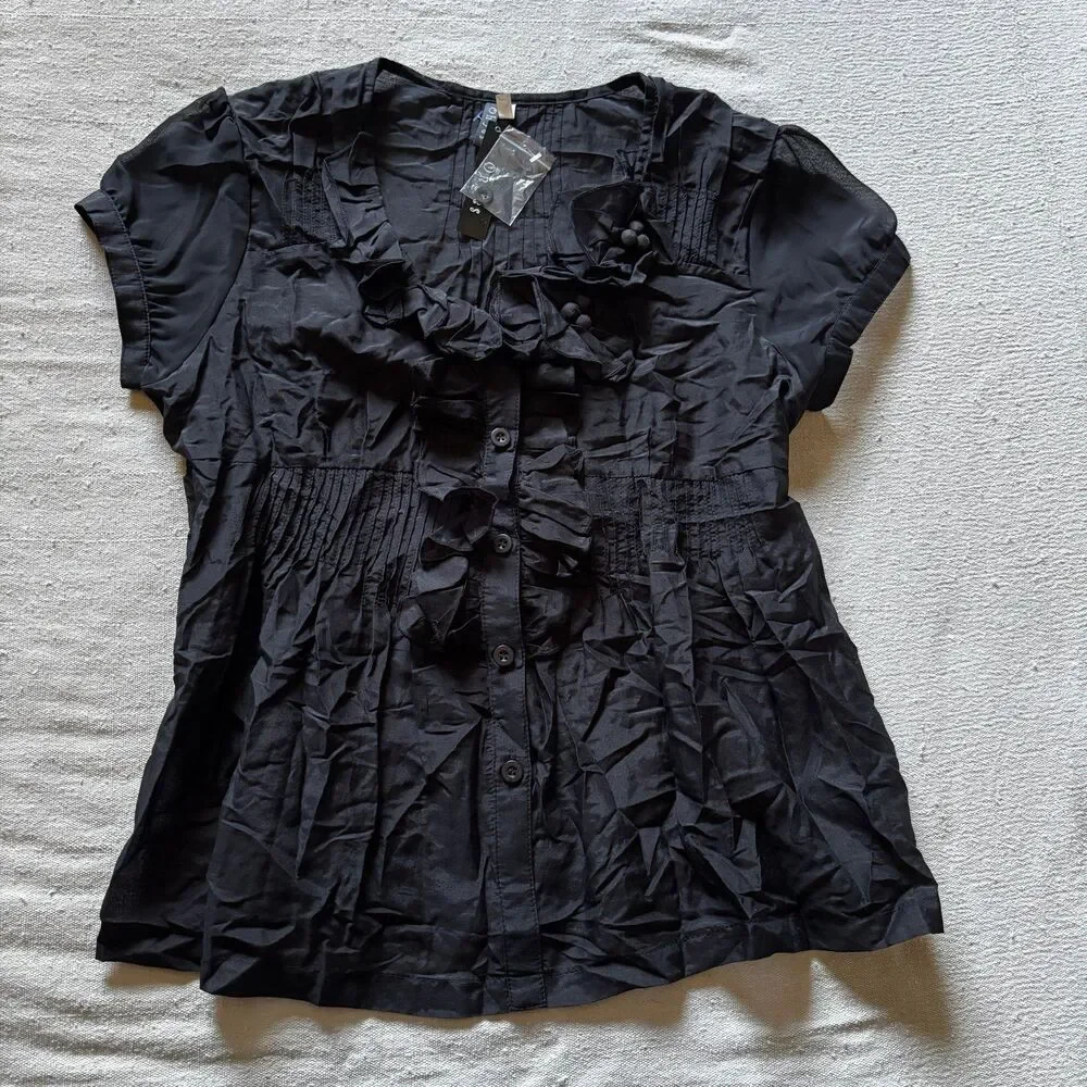 Y2K Silk Blend Black Ruffled Short Sleeve Button-Up